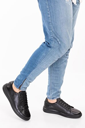 Shoeter-M1512 Hakiki Deri Ortopedik Siyah Sneaker Ayayakkabı