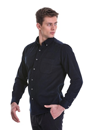 Lacivert Slim Fit Düz 100% Pamuklu Düğmeli Yaka Uzun Kollu Klasik Gömlek | M