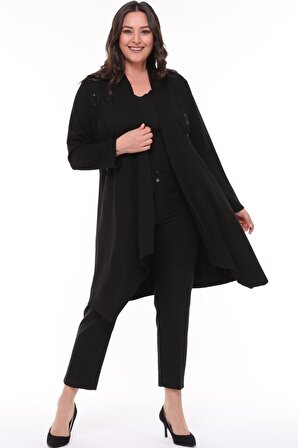 Shine Kadın Ebru Büyük Beden Çelikli Aplikeli Siyah Hırka Ceket