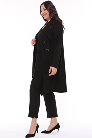 Shine Kadın Ebru Büyük Beden Çelikli Aplikeli Siyah Hırka Ceket