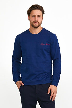 Erkek Basic Bisiklet Yaka Günlük Spor Sweatshirt Mavi