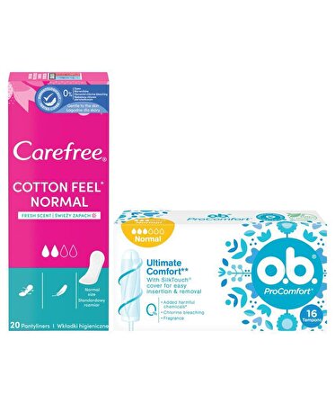 O.B. Normal Tampon 16 Adet + Carefree Cotton Feel Normal Parfümlü Günlük Ped 20 Adet