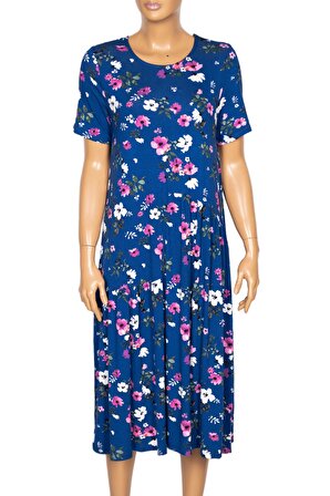 Barem Kadın Suna Beli Baseni Büzgülü Çiçek Desenli Mavi Elbise