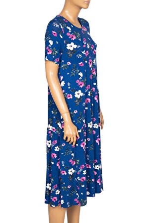 Barem Kadın Suna Beli Baseni Büzgülü Çiçek Desenli Mavi Elbise