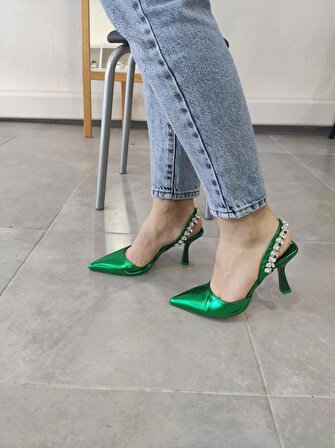 Tarzbu Lks İnce Topuklu Taşlı Parlak Yeşil Renk Abiye Ayakkabı