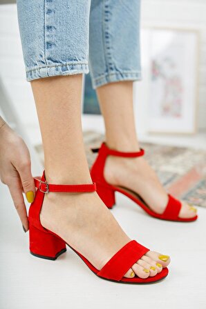 Kırmızı Süet Tek Bant Topuklu Kadın Ayakkabı