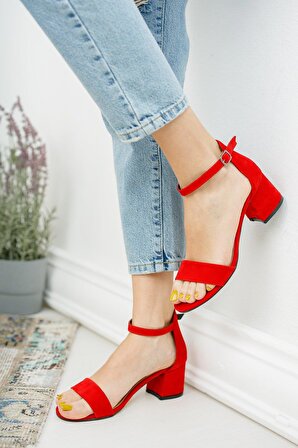 Kırmızı Süet Tek Bant Topuklu Kadın Ayakkabı