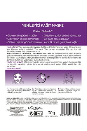 LOREAL YAŞ UZMANI 50+ YENİLEYİCİ KAĞIT MASKE 30 G