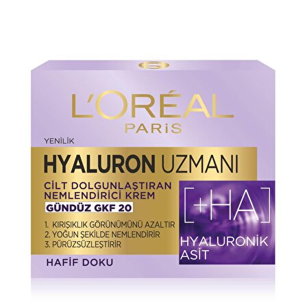 L'Oreal Paris Hyaluron Uzmanı Tüm Cilt Tipleri İçin Su Bazlı Yağsız SPF20 Nemlendirici Yüz Bakım Kremi 50 ml