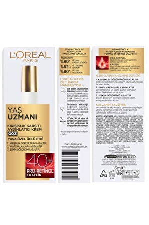 L'Oreal Paris Pro-Retinol Kırışıklık Karşıtı Bitki Özleri Pro Retinol 40 Yaş + Göz Çevresi Krem 15 ml 