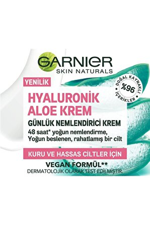 Garnier Hyaluronik Aloe Hassas ve Kuru Ciltler İçin Su Bazlı Yağsız Nemlendirici Yüz Bakım Kremi 