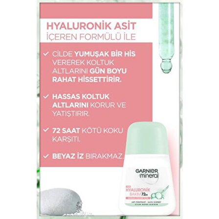 Garnier Mineral Hyalüronik Bakım Antiperspirant Ter Önleyici Leke Yapmayan Kadın Roll-On Deodorant 