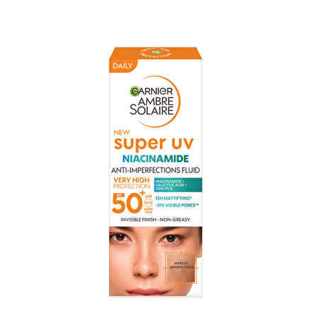 Garnier Ambre Solaire Super UV Niasinamid Cilt Kusurları Karşıtı Günlük Güneş Koruyucu Fluid Krem SPF50+ 40ML