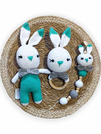 Amigurumi Yeşil Hediyelik Tavşan,Emzik Zinciri,Çıngırak Uyku Arkadaşı Set