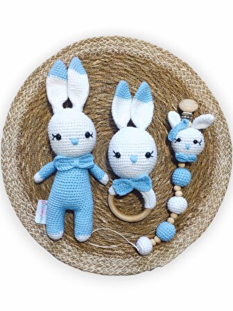 Amigurumi Mavi Hediyelik Tavşan,Emzik Zinciri,Çıngırak Uyku Arkadaşı Set