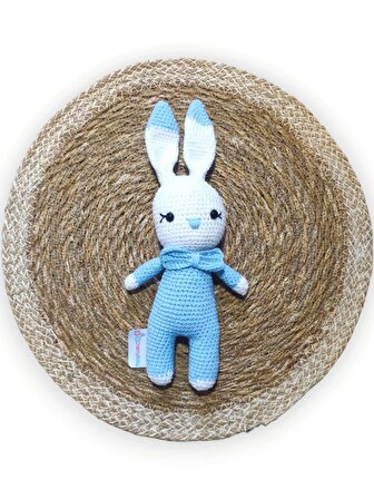 Amigurumi Mavi Hediyelik Tavşan,Emzik Zinciri,Çıngırak Uyku Arkadaşı Set