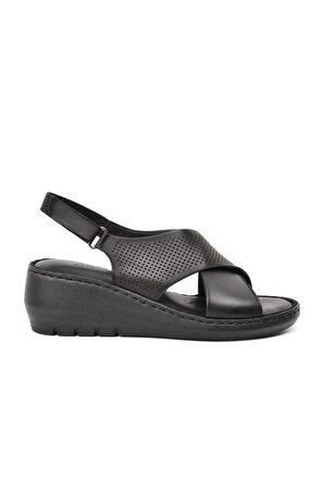 Clavi 605 Siyah Hakiki Deri Dolgu Kadın Dolgu Topuk Sandalet