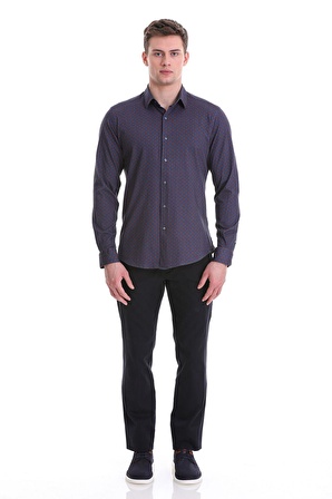 Lacivert Slim Fit Baskılı 100% Pamuklu Slim Yaka Uzun Kollu Baskılı Casual Gömlek | XS