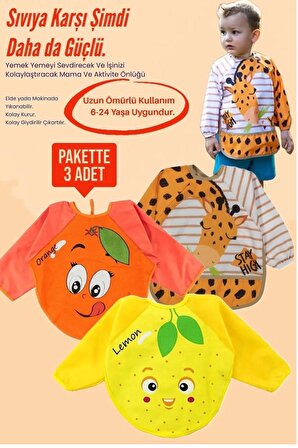 diamondstar  Hayvan Figürlü Meyve Desenli Sıvı Geçirmez 3'lü Paket Uzun Kollu Bebek Mama Önlüğü