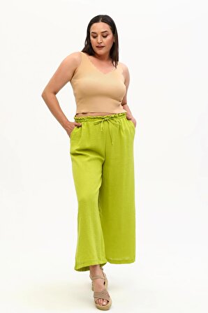 Kadın Büyük Beden Bol Paça Ekstra Rahat Yeşil Pantolon