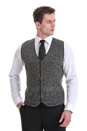 Siyah Regular Fit Desenli Yünlü Triko Yelek | 3XL