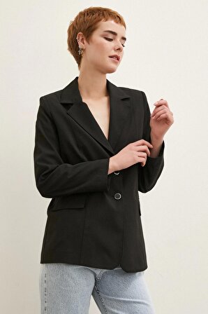 Çift Düğmeli Dikişli Blazer Ceket Siyah
