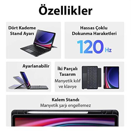 Coofbe 3in1 Samsung Tab S9 X710-X716B Kablosuz Bluetooth Klavye Touchpad 4 Kademe Stand Ve Manyetik Kılıf 
