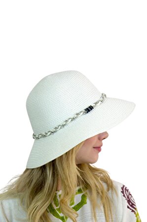 Kadın Simli Şeritli Şapka 1416 beyaz