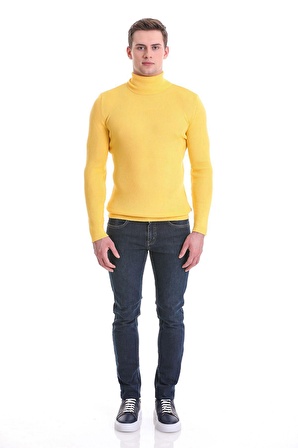 Sarı Slim Fit Fitilli Balıkçı Yaka Yünlü Triko Kazak | L