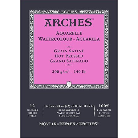 Arches Sulu Boya Blok Defter Hot Pressed 300g 12 Yaprak 14,8x21