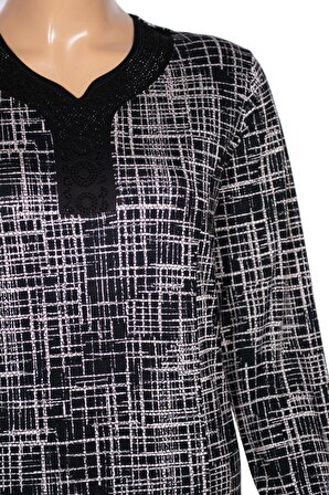 Hesna Kadın Demet Kuplu Boydan Geometrik Desen Siyah Elbise
