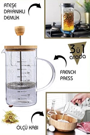 600ml Borosilikat Bambu French Press 4 katmanlı 304 Paslanmaz Çelik Bitki Çayları Filtre Kahve Ölçü Kabı