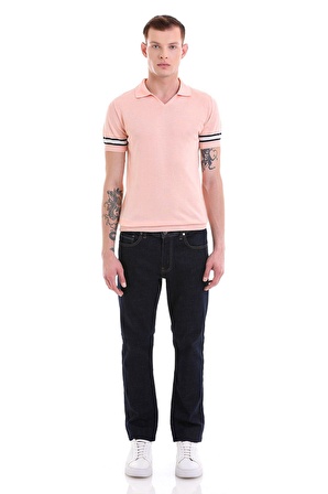 Pembe Slim Fit Çizgili Polo Yaka Triko Tişört | L