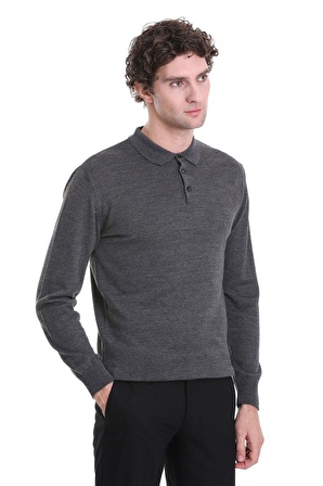 Gri Regular Fit Düz Polo Yaka Triko Kazak | S