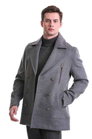 Gri Slim Fit Kruvaze Yünlü Kaşe Kaban | XXL