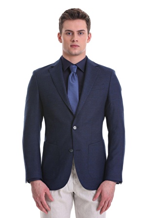 Lacivert Slim Fit Desenli Mono Yaka Klasik Ceket | 54