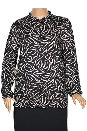 Wearon Kadın Ayla Büyük Beden Asimetrik Çizgi Desen Siyah Bluz