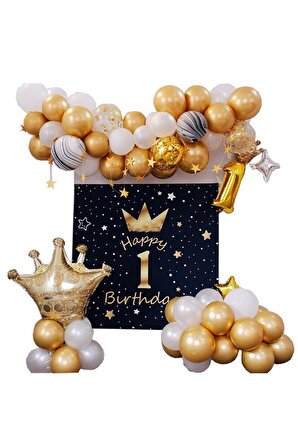 Kral Taçlı 1 Yaş Gold Zincir Balon Doğum Günü Seti