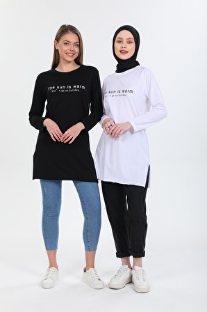 Pinkapple İkili Siyah-Beyaz Yırtmaçlı Oversize Tshirt Tunik