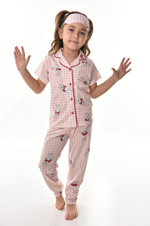 Kız Çocuk Göz Bantlı Ekoseli Üçlü Düğmeli Pijama Takımı