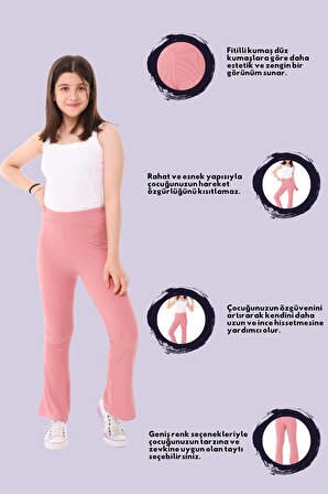 Kız Çocuk İkili İspanyol Paça Yüksek Bel Toparlayıcı Fitilli Uzun Tayt Pantolon