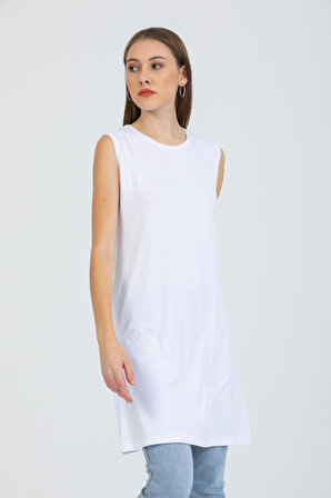 Kadın Uzun Sifir Kol Penye İclik Kurtarıcı Beyaz Tunik