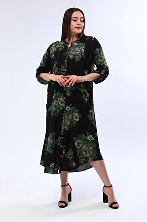 Shine Kadın Akay Büyük Beden Koton Yeşil Güller Siyah Elbise