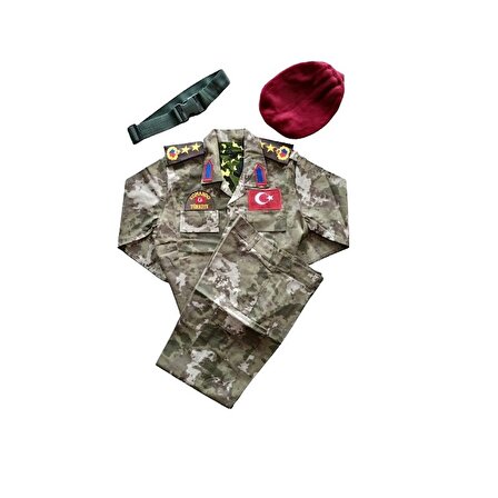  Erkek Çocuk Asker Komando Kostüm Kıyafeti Palaska Bordo Bere 1-2 Yaş