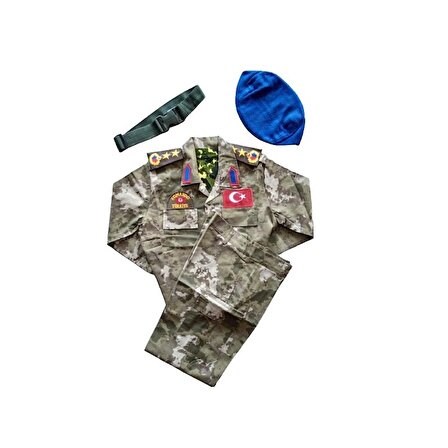  Erkek Çocuk Asker Komando Kostüm Kıyafeti Palaska Mavi Bere 3-4 Yaş