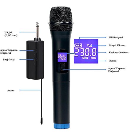 TechTic V-102 Vhf Kablosuz Mikrofon Profosyonel Cami Okul Otobüs Sunum Düğün Alıcılı El Mikrofonu Karaoke Digital Ekran