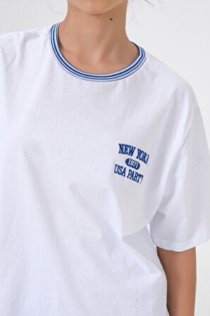 Dress Cabinet Newyork Yazılı Beyaz Bisiklet Yaka T-Shirt