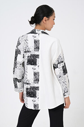 Dress Cabinet Kadın Siyah Beyaz Etnik Desen Kot Gömlek