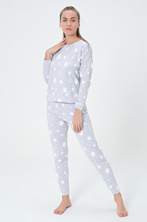 Dress Cabinet Kadın Gri Yıldız Desenli Uzun Kol Pamuklu Pijama Takımı