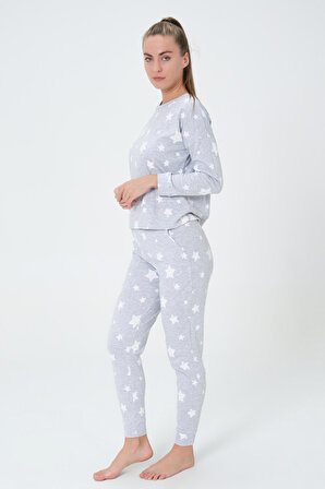 Dress Cabinet Kadın Gri Yıldız Desenli Uzun Kol Pamuklu Pijama Takımı
